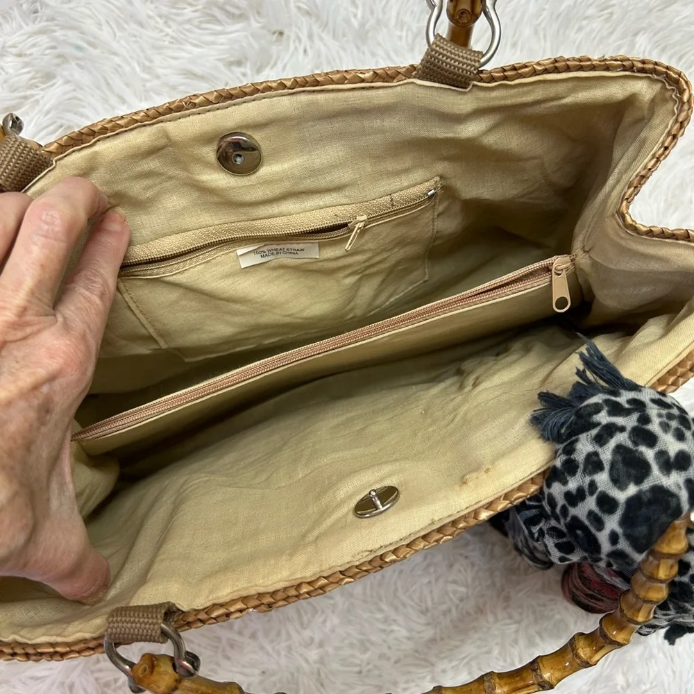 Woven Straw Tote Bag with Bamboo Handles and Black Floral Scarf